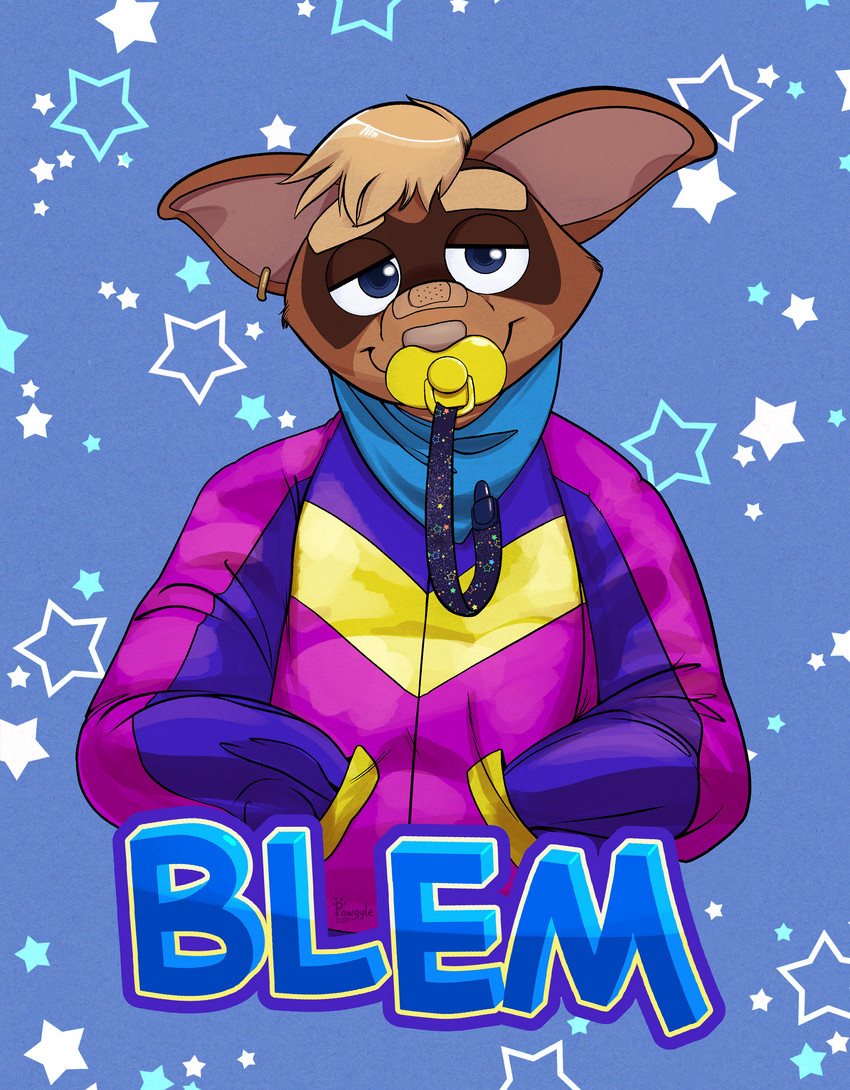 1990s_theme ageplay anthro badge band-aid bandage brown_body brown_fur clothing cosmic_background eyelids fur infantilism jacket male pacifier roleplay solo starry_background topwear pawgyle domestic_ferret mammal mustelid musteline true_musteline weasel absurd_res hi_res signature