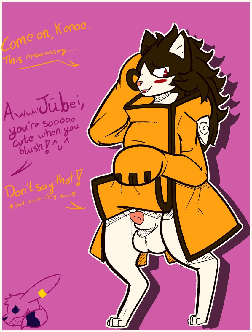 ^u^ anthro blush border clothed clothing clothing_lift dialogue genitals long_mane male offscreen_character penis pink_background simple_background small_penis solo tapering_penis text white_border malphas_(artist) arc_system_works blazblue jubei_(blazblue) beastkin felid feline mammal absurd_res hi_res