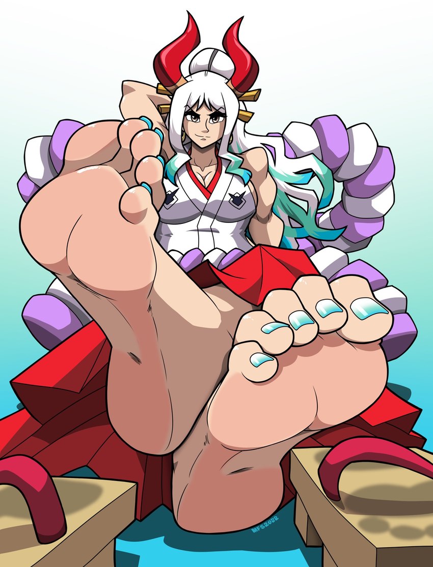 5_toes barefoot breasts clothed clothing colored_nails feet female foot_focus hair horn humanoid_feet light_body light_skin long_hair looking_at_viewer nails not_furry plantigrade simple_background smile smirk soles solo toes mostlyfunstuff asian_mythology east_asian_mythology japanese_mythology mythology one_piece yamato_(one_piece) horned_humanoid humanoid yokai 2022 hi_res signature