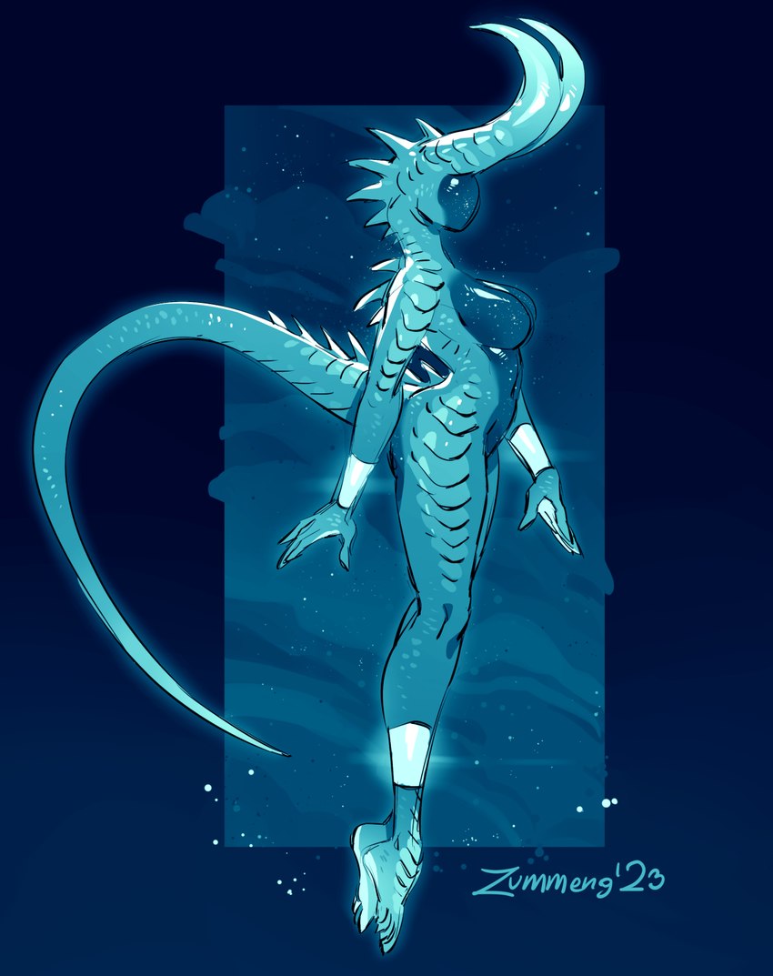 anthro big_breasts big_butt breasts butt curved_horn faceless_character faceless_female female horn long_horn nude sky solo space star starry_body starry_sky thick_thighs zummeng alien demon humanoid reptile scalie hi_res