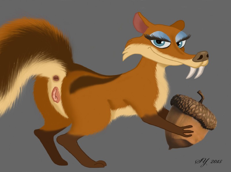 acorn anus butt fangs female feral food fruit genitals looking_at_viewer nut_(fruit) plant pose pussy sabertooth_(anatomy) solo teeth wet skateryena blue_sky_studios ice_age_(series) scratte_(ice_age) mammal rodent saber-toothed_squirrel