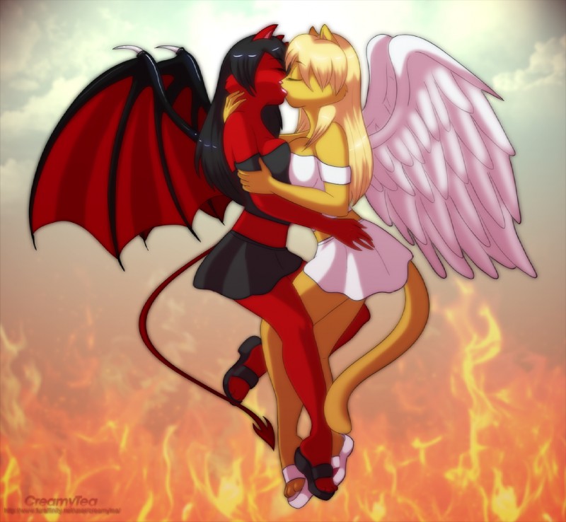 anthro big_breasts black_hair blonde_hair blouse bottomwear breast_squish breasts breasts_frottage clothing duo eyes_closed feathered_wings feathers female female/female fire flying footwear french_kissing hair hand_behind_head hand_on_hip kissing love membrane_(anatomy) membranous_wings midriff miniskirt red_body sandals shoes side_view simple_background skirt spade_tail squish tail topwear wings yellow_body creamytea angelina_onyx natasha_onyx angel demon domestic_cat felid feline felis mammal