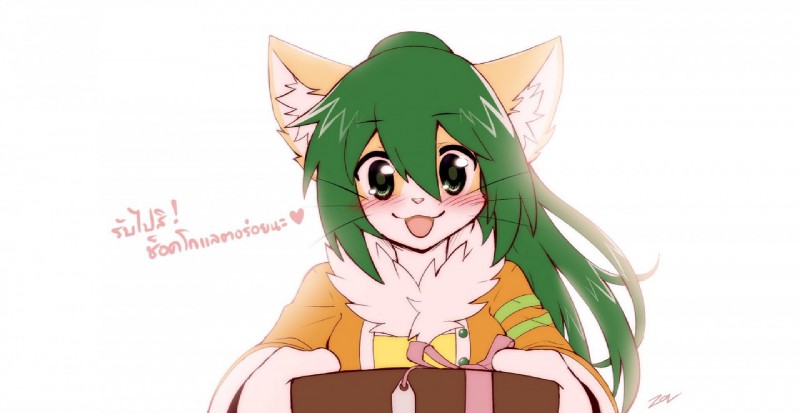 anthro blush breasts clothed clothed_anthro clothed_female clothing countershading female female_anthro fur green_eyes green_hair hair heart_symbol kemono looking_at_viewer smile solo text sollyz sundyz domestic_cat felid feline felis mammal thai_text translated