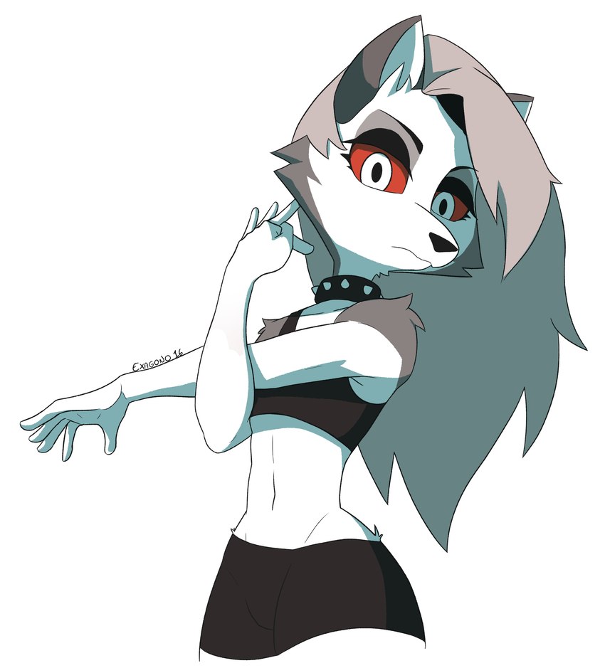 anthro black_nose cheek_tuft clothed clothing collar crop_top facial_tuft female female_anthro front_view grey_hair hair long_hair midriff navel pose red_sclera shirt simple_background small_waist solo spiked_collar spikes standing stretching stretching_arms topwear tuft white_background white_eyes exagono16 helluva_boss loona_(helluva_boss) canid canine canis demon mammal wolf 2022 absurd_res hi_res portrait three-quarter_portrait