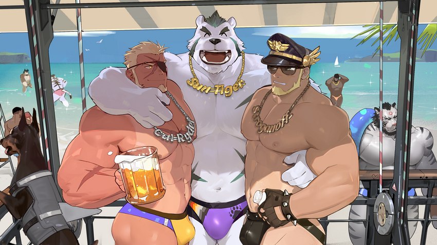 abs alcohol anthro arm_scar barazoku beach beard beer beer_mug beverage black_clothing black_gloves black_handwear black_hat black_headwear black_stripes black_swimwear blonde_hair blue_clothing blue_swimwear bottle briefs bulge bulletproof_vest chain chain_necklace chest_scar claws clothed clothing container cup eye_patch eyebrows eyes_closed eyewear facial_hair facial_markings fangs feral finger_claws fingerless_gloves footprint forehead_markings fur gloves green_hair grey_body grey_fur group hair handwear hat head_markings headgear headwear hug jewelry leather light_body light_skin looking_at_another male manly markings mug multicolored_clothing multicolored_swimwear muscular muscular_anthro muscular_arms muscular_male navel necklace nipples nose_scar open_mouth outside palm_tree pantsless pattern_briefs pattern_clothing pattern_swimwear pawprint pawprint_pattern pecs plant purple_briefs purple_clothing purple_swimwear purple_underwear sand scar sea seaside short_hair smile spiky_hair striped_body striped_fur stripes sunglasses suntan swimming_trunks swimwear tan_line teeth thick_eyebrows tongue topless topless_male tree trio_focus underwear water white_body white_fur yellow_clothing yellow_eyes yellow_swimwear tooboshoo gyee bernard_(gyee) markus_(gyee) santos_(gyee) bear canid canine canis domestic_dog felid human mammal pantherine polar_bear tiger ursine hi_res