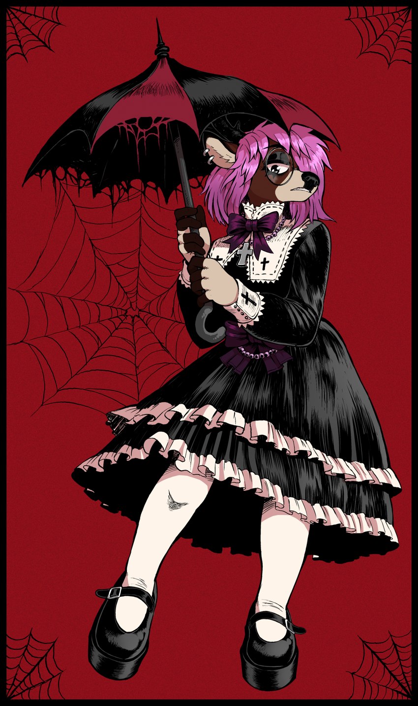 alternative_fashion anthro black_border border clothing dress ear_piercing ear_ring eyewear female glasses goth gothic_lolita hair half-closed_eyes j-fashion kuro_lolita legwear lolita_(fashion) narrowed_eyes piercing pink_hair red_background ring_piercing simple_background solo stockings umbrella victorian_goth gutter-bunny deer mammal new_world_deer white-tailed_deer absurd_res hi_res