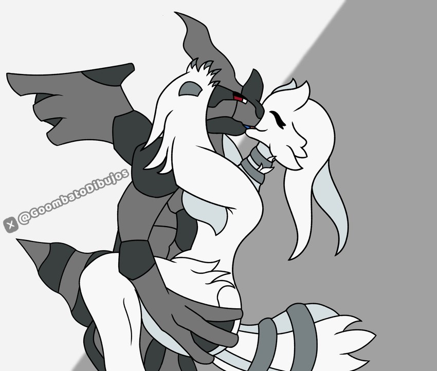 anthro black_body duo female kissing male male/female white_body goombato_dibujos mythology nintendo pokemon dragon generation_5_pokemon legendary_pokemon mythological_creature mythological_scalie pokemon_(species) reshiram scalie zekrom hi_res