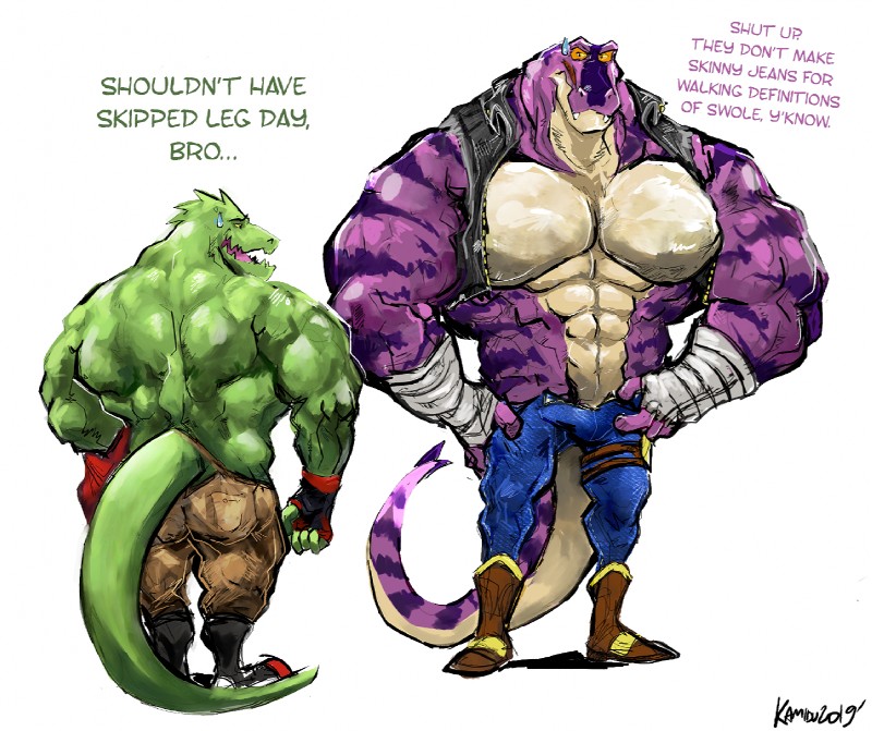 big_muscles bodily_fluids boots bottomwear clothed clothing cowboy_boots dialogue duo fingerless_gloves footwear furgonomics gloves green_body green_scales green_skin hand_wraps handwear huge_muscles hyper hyper_muscles jacket male muscular open_clothing open_jacket open_shirt open_topwear pants purple_body purple_scales purple_skin scales shirt shoes stripes sweat sweatdrop text topwear unzipped unzipped_pants wraps zipper aokamidu masters_of_the_universe mattel netflix she-ra_(copyright) she-ra_and_the_princesses_of_power rogelio_(she-ra) snakeman tung_lashor lizard reptile scalie snake english_text hi_res