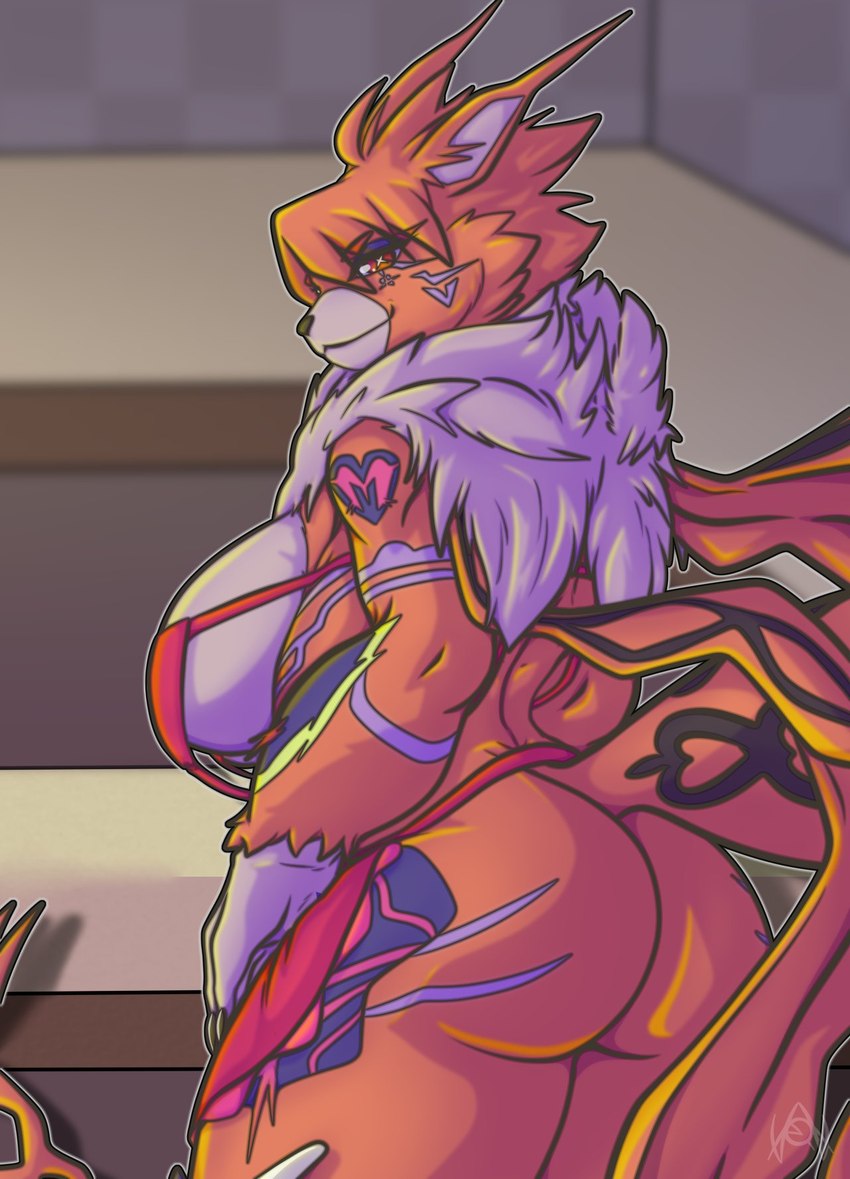 anthro apron armor bangs bedroom_eyes big_breasts big_butt black_markings breasts butt clothing cross-shaped_pupils female female_anthro fur heart_symbol hip_armor markings narrowed_eyes orange_body orange_fur pupils purple_markings red_eyes seductive smile solo thick_thighs unusual_eyes unusual_pupils white_body white_fur white_pupils rwqart bandai_namco digimon digimon_(species) domestic_cat felid feline felis maine_coon mammal meicrackmon meicrackmon_vicious_mode hi_res