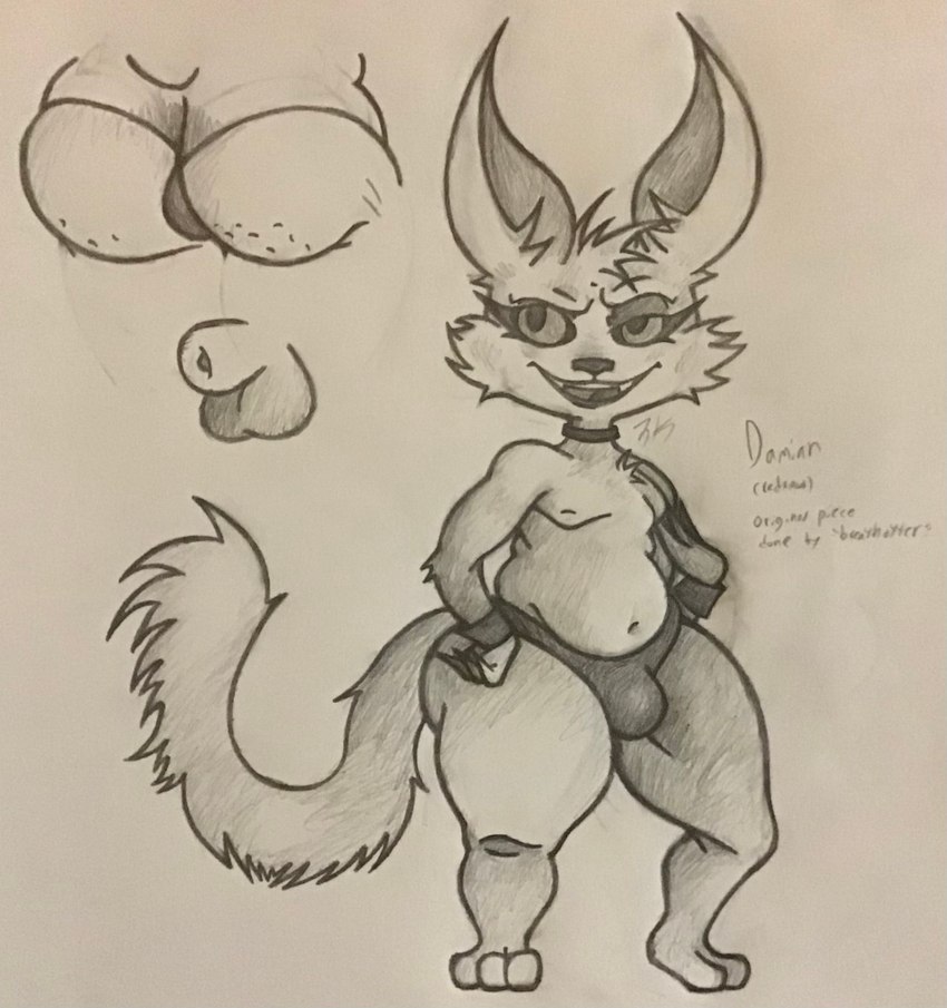 animal_genitalia anthro armwear balls big_butt bulge butt choker clothed clothing femboy fur genitals jewelry male necklace nipples penis sheath smile solo text thick_thighs johnnyfiveaces zoophobia damian_(zoophobia) canid canine canis demon jackal mammal 2023 hi_res monochrome shaded signature sketch traditional_media_(artwork)