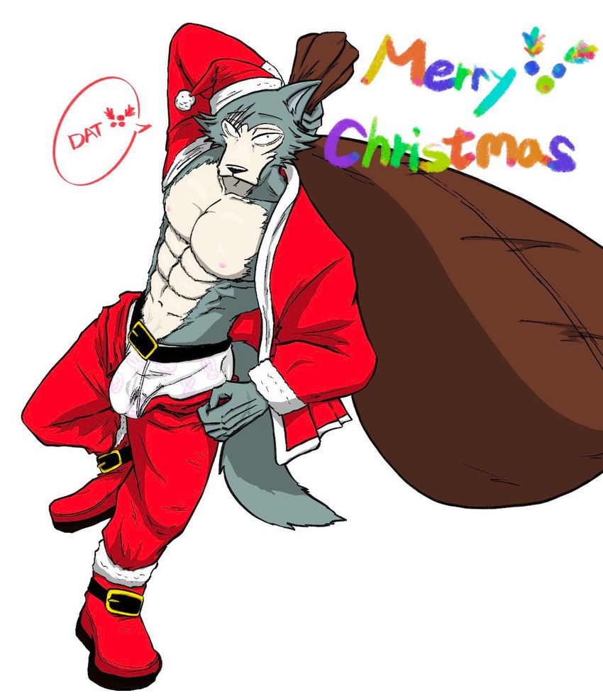 abs anthro bag belt biped boots bulge christmas_clothing christmas_headwear clothing costume detailed_bulge facial_scar footwear fur genital_outline grey_body grey_fur hat headgear headwear holidays looking_at_viewer male male_anthro muscular muscular_anthro muscular_male nipples pecs penis_outline plantigrade santa_costume santa_hat scar shoes simple_background solo underwear white_background white_body white_fur dat_del_luna beastars christmas legoshi_(beastars) canid canine canis mammal wolf 2024 hi_res signature