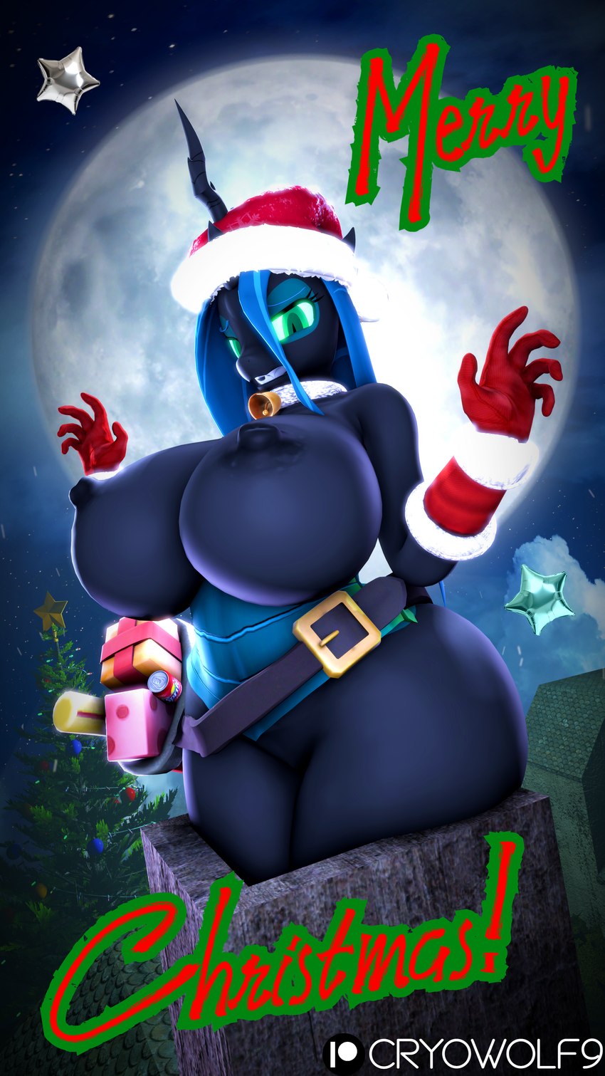 anthro areola big_breasts black_areola black_nipples breasts butt christmas_clothing christmas_headwear christmas_tree clothing female gift hat headgear headwear holidays huge_breasts moon nipples nude plant santa_hat solo stuck tree cryowolf9 christmas friendship_is_magic hasbro my_little_pony queen_chrysalis_(mlp) arthropod changeling 3d_(artwork) 4k 9:16 absurd_res digital_media_(artwork) hi_res