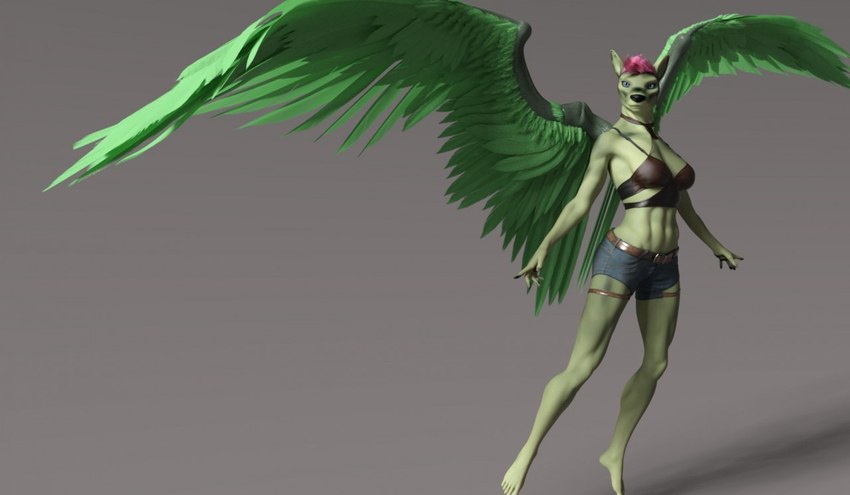 5_fingers abs anthro athletic athletic_anthro athletic_female belt blue_eyes bottomwear bra breasts cleavage clothed clothing denim denim_bottomwear denim_clothing denim_shorts feathered_wings feathers feet female fingers floating green_body green_breasts green_legs green_skin green_wings grey_background hair humanoid_feet leather leather_bra leather_clothing leather_topwear leather_underwear long_legs looking_at_viewer muscular muscular_thighs nails off_the_ground pink_hair plantigrade shadow shorts simple_background solo topwear underwear wide_stance wings earthclan3d jade_(earthclan) 3d_(artwork) digital_media_(artwork)