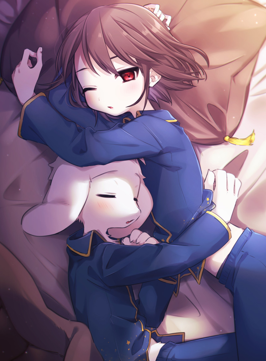 anthro blue_clothing blush brown_hair clothed clothing duo fur hair male matching_outfits one_eye_closed pajamas pale_skin pillow red_eyes sleeping waking_up white_body white_fur young porygonleft undertale undertale_(series) asriel_dreemurr chara_(undertale) boss_monster_(undertale) bovid caprine goat human mammal digital_media_(artwork) hi_res