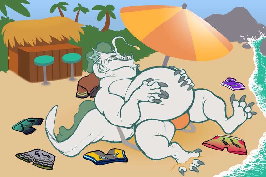 anthro bar beach beard belly belly_rub big_belly cheek_fins clothing facial_hair feet fully_inside lounging lure_(anatomy) male sand seaside slightly_chubby slightly_chubby_male solo speedo spread_toes swimming_trunks swimwear tiki tiki_bar toes umbrella vore white_body fetishame koa anglerfish fish marine 3:2 digital_media_(artwork) hi_res