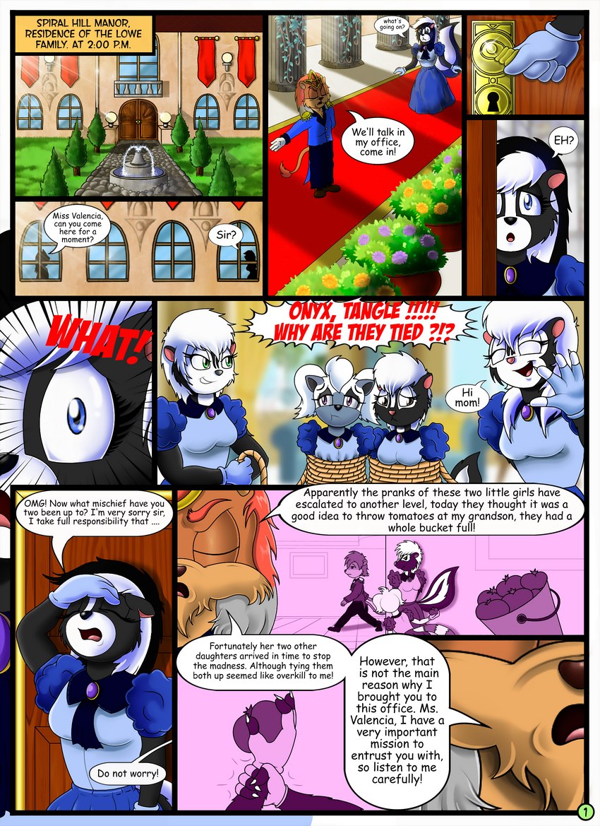 bucket catch clothing container dialogue door female food fruit garden group humor joke light maid_uniform maids male mansion petition plant rope sunlight text tomato uniform window juanonyx zeromegas idw_publishing sega sonic_the_hedgehog_(comics) sonic_the_hedgehog_(idw) sonic_the_hedgehog_(series) klaue_the_lion lori_(jmh) natasha_(jmh) onyx_(jmh) tangle_the_lemur valencia_(jmh) felid lemur lion mammal mephitid pantherine primate skunk strepsirrhine absurd_res comic english_text hi_res