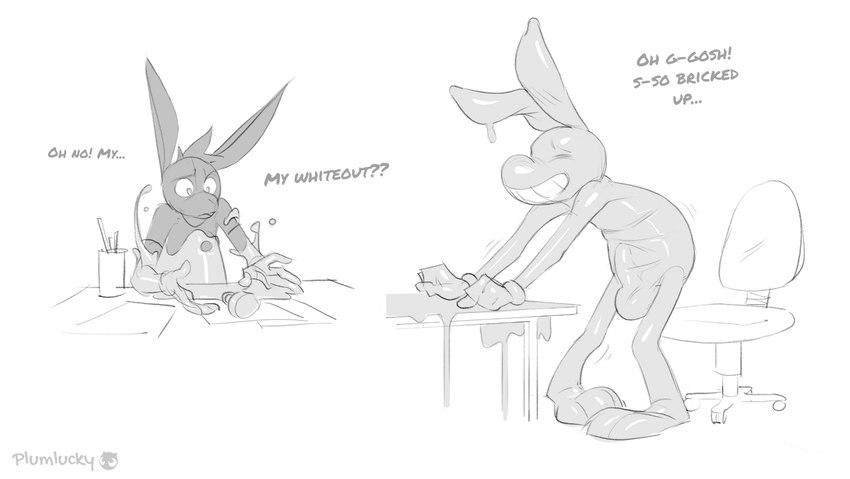 anthro art_supplies big_bulge bulge chair clothing desk detailed_bulge featureless_face furniture gloves handwear latex male smile solo spilled_liquid table text toony transformation transformation_sequence plumlucky whiteout lagomorph leporid mammal rabbit symbiote monochrome