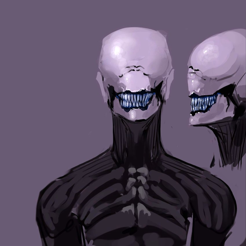 ambiguous_gender black_body black_skin blue_mouth blue_teeth eyeless front_view noseless sharp_teeth side_view simple_background solo teeth meandraco humanoid monster 1:1 hi_res