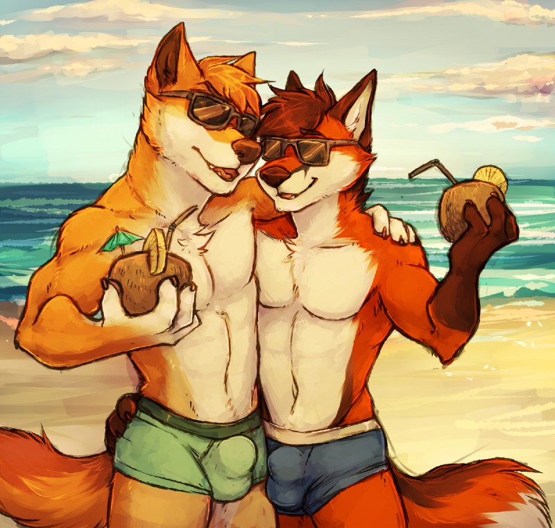 anthro beach beverage bulge clothed clothing cloud cocktail_garnish cocktail_umbrella coconut drupe_(fruit) duo eyewear food fruit holding_object male outside plant pose seaside sky sunglasses swimwear tail topless conditional_dnp garnetto aarondingo ajdingo chipfox dadingo canid canine canis dingo fox mammal red_fox true_fox