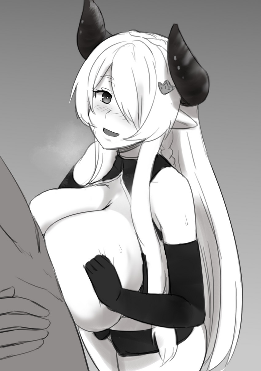 armwear big_breasts blush breast_play breasts clothing duo elbow_gloves female gloves handwear holding_breast horn huge_breasts male male/female not_furry sex solo_focus titfuck nao_(artist) horned_humanoid humanoid digital_media_(artwork) hi_res monochrome shaded