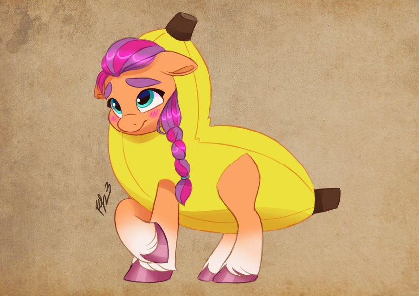 banana banana_costume clothing costume female feral food food_costume fruit plant solo haruh_ink hasbro mlp_g5 my_little_pony sunny_starscout_(mlp) equid equine horse mammal pony hi_res