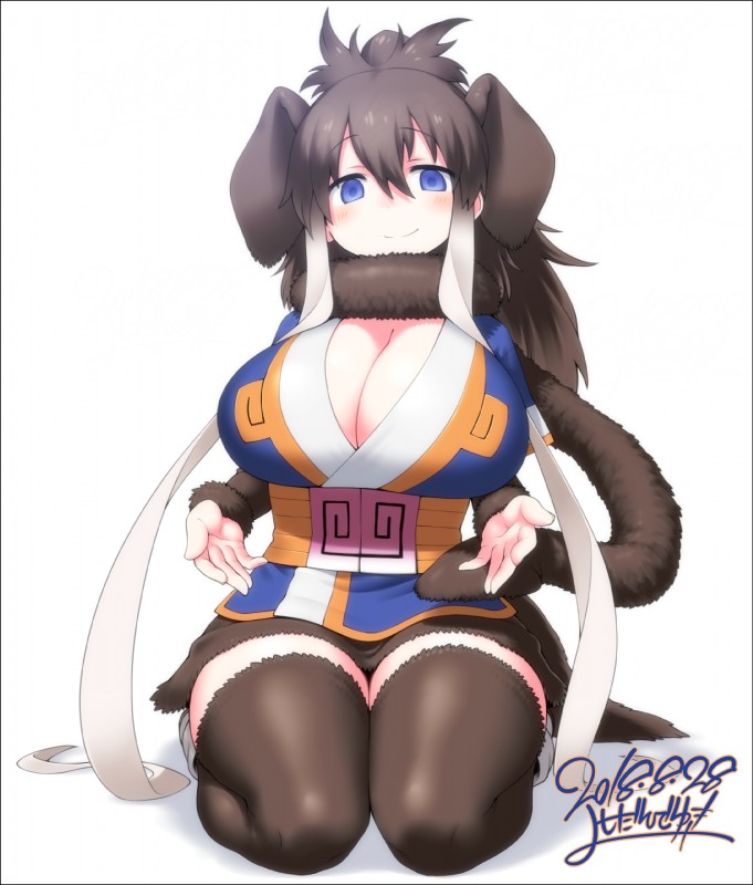 5_fingers absolute_territory big_breasts blue_eyes blush border breasts brown_hair cleavage clothed clothing female fingers hair huge_breasts legwear looking_at_viewer scarf short_hair simple_background smile solo thigh_highs transparent_border white_background yoshida_hideyuki kemono_friends woolly_mammoth_(kemono_friends) animal_humanoid humanoid mammal mammal_humanoid mammoth_humanoid proboscidean proboscidean_humanoid 2018 alpha_channel hi_res signature watermark