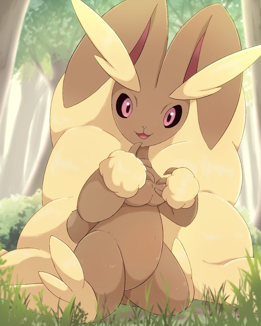 anthro biped black_sclera breasts brown_body brown_fur detailed_background female fur red_eyes smile solo tan_body tan_fur rumine nintendo pokemon generation_4_pokemon lopunny pokemon_(species) hi_res