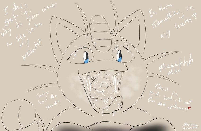 bodily_fluids dialogue first_person_view green_eyes gullet heart_symbol imminent_vore micro mouth_shot open_mouth saliva simple_background solo teeth text tongue tongue_out hunner nintendo pokemon generation_1_pokemon meowth pokemon_(species) absurd_res hi_res