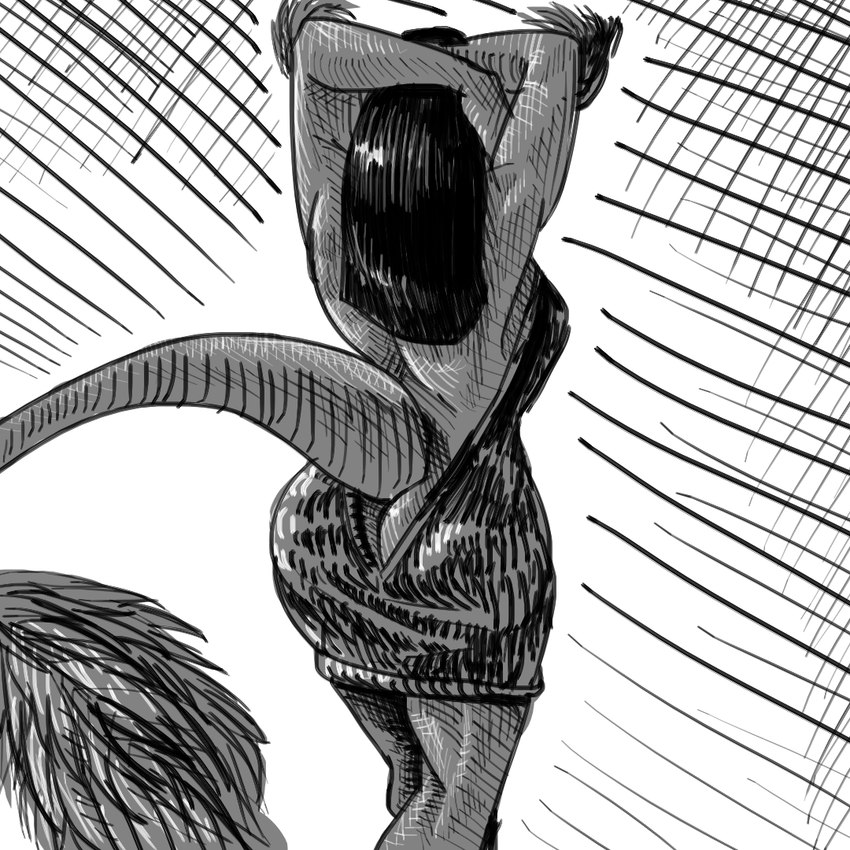 anthro big_butt bubble_butt butt clothing curvy_anthro curvy_female curvy_figure elbow_feathers feathered_tail feathers female hair hands_behind_head long_hair long_tail solo sweater tail tail_tuft topwear tuft virgin_killer_sweater wide_hipped_anthro wide_hipped_female wide_hips banco cavemanon_studios i_wani_hug_that_gator meme_clothing lunara_(iwhtg) bambiraptor dinosaur dromaeosaurid feathered_dinosaur feathered_scalie prehistoric_species reptile scalie theropod 1:1 2024 black_and_white meme monochrome