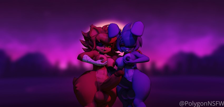 anthro balls breasts buckteeth duo female genitals gynomorph gynomorph/gynomorph intersex intersex/intersex midriff open_mouth penis purple_body red_body teeth text thick_thighs polygonnsfw cryptiacurves_(modeler) five_nights_at_freddy's fredina's_nightclub scottgames bonfie_(cryptiacurves) bonnie_(fnaf) fexa_(cryptiacurves) foxy_(fnaf) canid canine fox mammal 2023 3d_(artwork) absurd_res digital_media_(artwork) hi_res