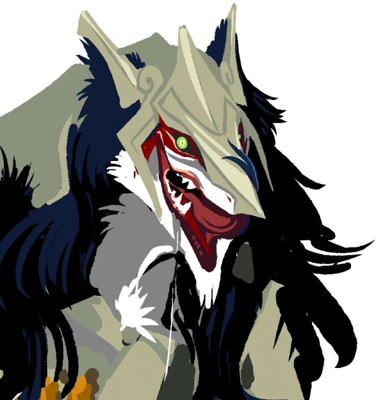 ambiguous_gender anthro armor black_hair bodily_fluids breastplate drooling fangs forked_tongue fur hair headgear helmet platemail saliva simple_background solo teeth tongue white_background white_body white_fur mick39 rain_silves mammal sergal