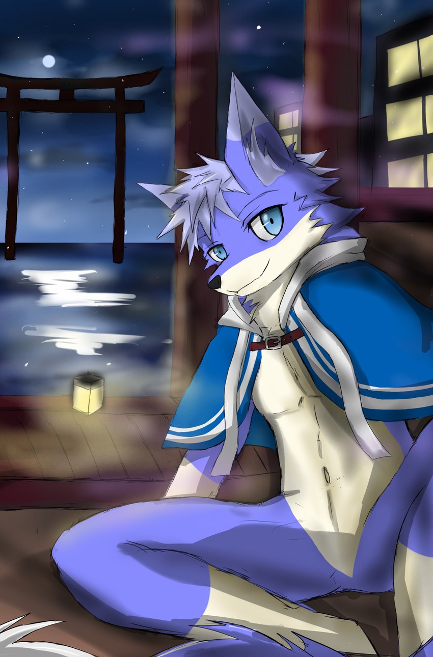 anthro featureless_crotch looking_at_viewer male male_anthro moon night sky solo star starry_sky torii beemxddd100 canid canine canis mammal wolf hi_res