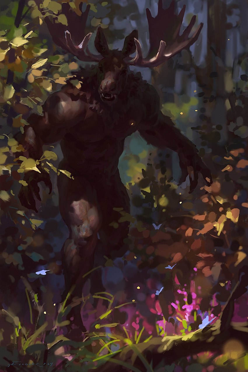 abs anthro antlers biceps brown_body brown_fur cartoon_nudity claws fangs featureless_crotch forest fur horn looking_at_viewer male manly muscular muscular_arms muscular_legs nipples obliques open_mouth outside pecs plant realistic solo standing teeth tree triceps taran_fiddler weretober weretober2024 ambient_arthropod ambient_insect arthropod butterfly deer insect lepidopteran mammal moose new_world_deer 2024 2:3 hi_res