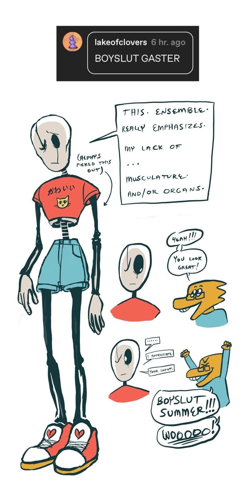 bone bottomwear clothed clothing denim denim_bottomwear denim_clothing denim_shorts embarrassed excited eyewear fangirl female footwear glasses hotpants male provocative_clothing shoes shorts shy skeleton small_shirt sneakers social_media text wearing_glasses deltaruminations undertale undertale_(series) alphys gaster animal_humanoid animated_skeleton dinosaur_humanoid humanoid lizard monster reptile reptile_humanoid scalie scalie_humanoid undead 2023 colored comic digital_drawing_(artwork) digital_media_(artwork) english_text flat_colors hi_res