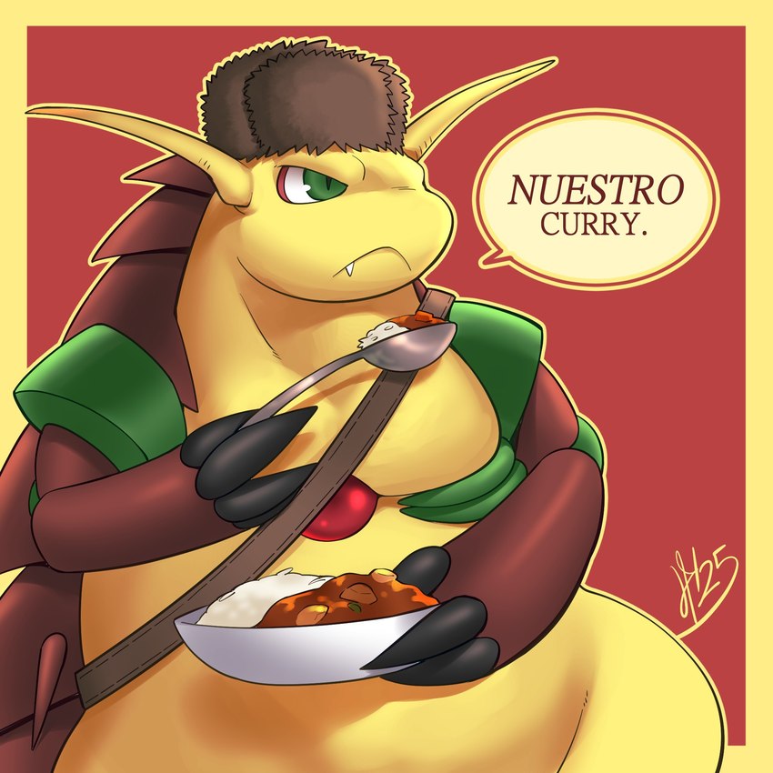 clothing curry food fur green_eyes hat headgear headwear holding_food holding_object male orb russian solo soviet_union speech_bubble text ushanka yellow_body yellow_fur yogurpodrido keitai_denjuu_telefang crypto_(telefang) mammal monster 1:1 hi_res spanish_text