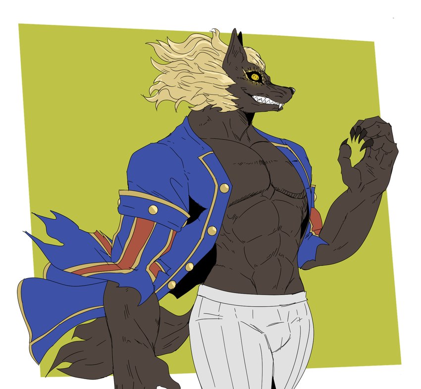 abs anthro black_sclera blonde_hair clothing coat hair male muscular muscular_male pecs solo topwear yellow_eyes reagan700 atlus megami megami_tensei mythology sega loup-garou_(megami_tensei) canid canine canis mammal mythological_canine mythological_creature werecanid werecanine werecreature werewolf wolf hi_res