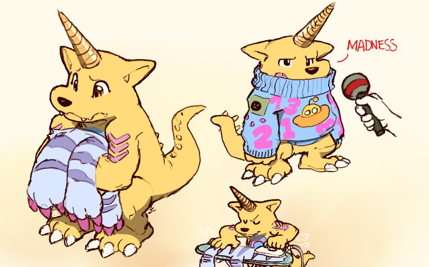 ambiguous_gender animal_skin anthro clothing electronics horn humor ironing_board microphone simple_background solo sweater text topwear yellow_body dahecksajerry bandai_namco digimon yellow_submarine digimon_(species) gabumon english_text