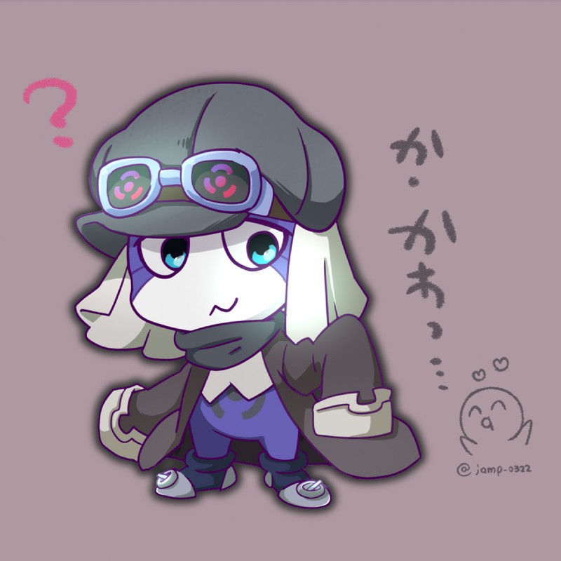 ambiguous_gender anthro blue_eyes clothing eyewear goggles hat headgear headwear kemono oversized_clothing question_mark semi-anthro solo standing text jamp_0322 bandai_namco digimon appmon_(species) digimon_(species) offmon 1:1 japanese_text signature