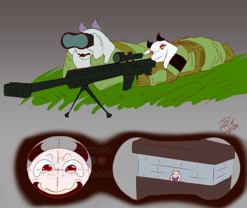 alternate_universe anthro bulletproof_vest clothing female fur gradient_background grey_background group gun horizontal_pupils horn humor long_ears military military_uniform overweight patreon_artist pupils ranged_weapon red_eyes rifle scope silly silly_face simple_background slightly_chubby sniper sniper_rifle tall text trio uniform weapon what white_body white_fur wide_hips window cal.50 conditional_dnp thelightsmen horrortale underfell undertale undertale_(series) toriel toriel_(horrortale) toriel_(underfell) boss_monster_(undertale) bovid caprine mammal colored_sketch hi_res sketch url