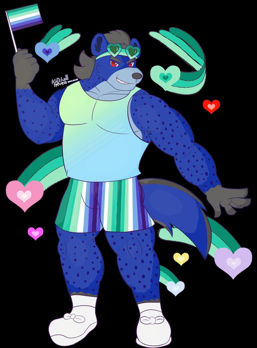 anthro barazoku clothed clothing eyewear flag goggles grin grinning_at_viewer heart_symbol lgbt_pride looking_at_viewer male muscular muscular_anthro muscular_male pride_colors smile solo teeth vincian_pride_colors conditional_dnp kbh_kazuhisa kemoteto_yakuza_project lgbt_pride_month kazuhisa hyena mammal spotted_hyena 2024 absurd_res alpha_channel cel_shading hi_res shaded