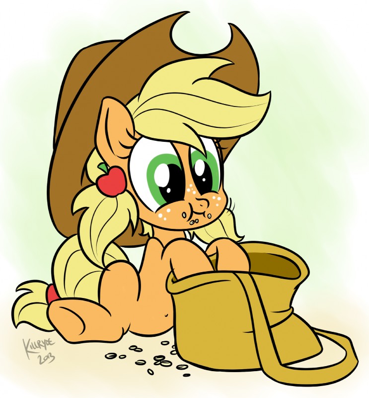 bag blonde_hair clothing cowboy_hat eating feed_bag female feral freckles green_eyes hair hat headgear headwear long_hair navel simple_background sitting smile solo white_background young killryde friendship_is_magic hasbro my_little_pony applejack_(mlp) earth_pony equid equine horse mammal pony 2013 hi_res