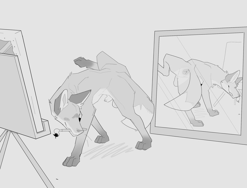 animal_genitalia anus brush faceless_character faceless_male feral genitals looking_back male mirror painting_(action) paws raised_leg sheath solo tail servali_sketch canid canine fox mammal greyscale hi_res monochrome sketch