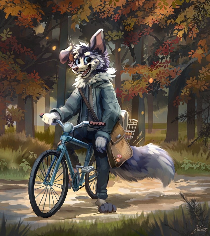 4_fingers 4_toes anthro autumn barefoot basket bicycle biped black_bottomwear black_clothing black_pants blue_bicycle blue_sclera bottomwear branch cheek_tuft clothed clothing container cycling day detailed_background dirt_path facial_tuft feet fingers fluffy fluffy_tail forest fully_clothed fur grass grey_body grey_clothing grey_fur grey_jacket grey_topwear happy head_tuft headlight holding_object jacket leaf lens_flare light looking_at_viewer male multicolored_body multicolored_fur neck_tuft one_ear_up open_clothing open_jacket open_mouth open_smile open_topwear outside pants path pedals pink_inner_ear pink_nose plant satchel shadow shrub sitting smile solo sunlight tail tall_grass teeth teeth_showing tire toeless_(marking) toes tongue topwear trail tree tuft vehicle wheel white_body white_fur jacato icedust10 canid mammal 2021 absurd_res digital_media_(artwork) full-length_portrait hi_res portrait signature