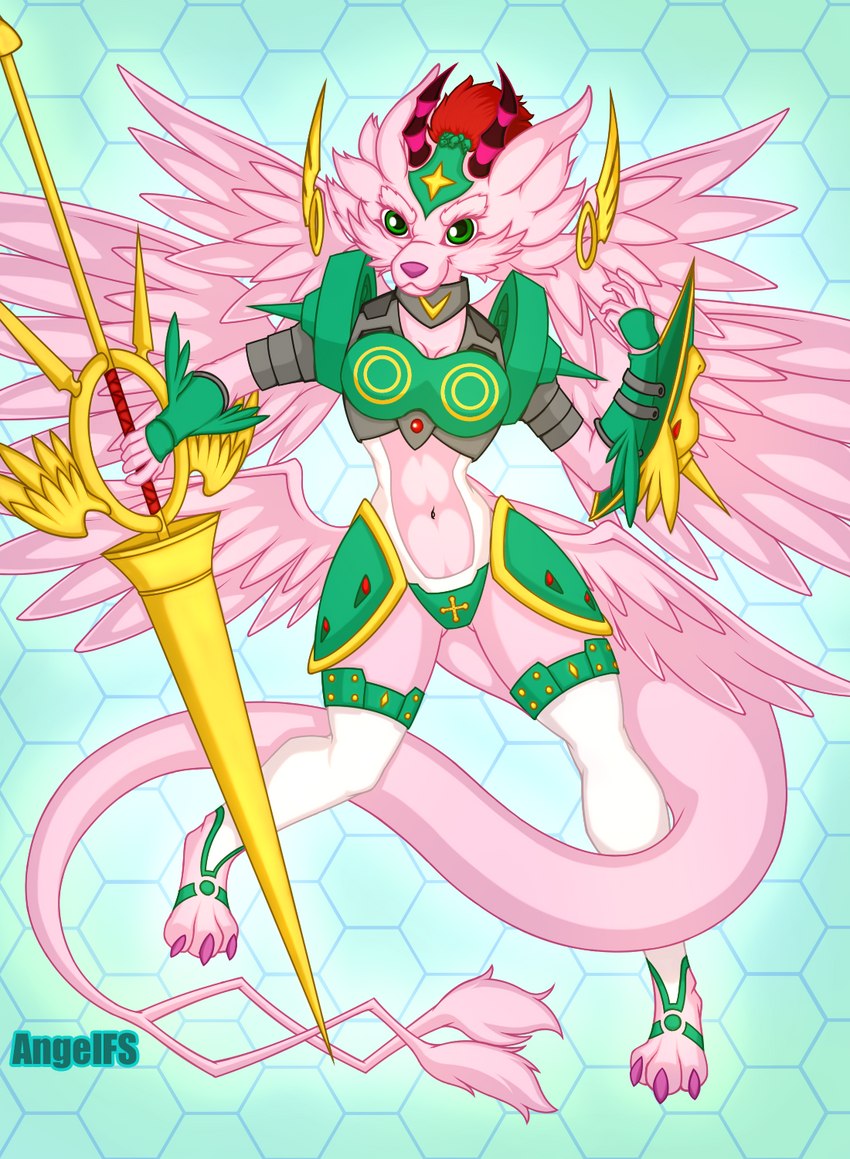 anthro anthrofied armor breastplate breasts claws clothed clothing feathered_wings feathers female fur green_eyes horn legwear melee_weapon midriff multi_wing pink_body pink_claws pink_fur polearm shield simple_background solo spear tail weapon wings angelfs bandai_namco digimon mythology digimon_(species) dragon furred_dragon furred_scalie magnadramon mythological_creature mythological_scalie ophanimon scalie hi_res