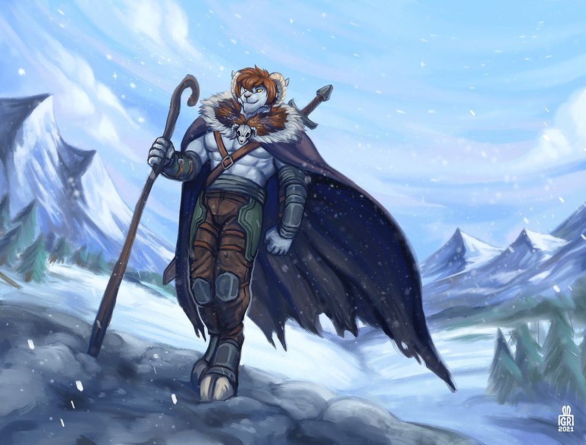 anthro clothing detailed_background fur hair male outside plant sky snow solo tree weapon byowt bovid caprine mammal sheep digital_media_(artwork)