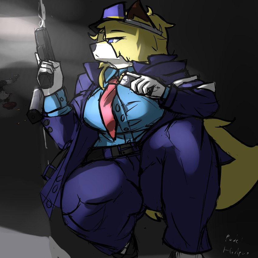 anthro blank_expression blonde_hair blouse blue_eyes clothing crouching cuffs_(clothing) expressionless female fingers gloves gun gun_smoke hair handgun handwear hat headgear headwear jacket military_cap military_uniform necktie pistol ranged_weapon reloading smoke solo topwear uniform weapon hellpup_(artist) yaco_kitagawa canid canine canis fox mammal red_fox true_fox 1:1 2022 digital_media_(artwork) hi_res