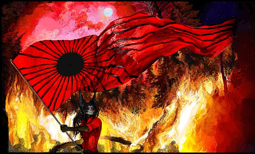 anthro black_body black_fur black_hair black_sun blood bodily_fluids bodypaint burning clothing coat_of_arms detailed_background face_paint fire flag flag_(object) flag_design flagpole forest forest_background forest_fire fur gore_pride_colors hair holding_flag holding_object kink_pride_colors light light_beam logo long_hair long_tail male moon nature nature_background night plant pride pride_color_flag proud red_clothing red_eyes red_shirt red_topwear shirt sky solo star starry_sky sun symbol symbolism tail topwear tree whiskers white_face jeffusherb pascal_(jeffusherb) domestic_cat felid feline felis mammal 2022 digital_media_(artwork) digital_painting_(artwork)