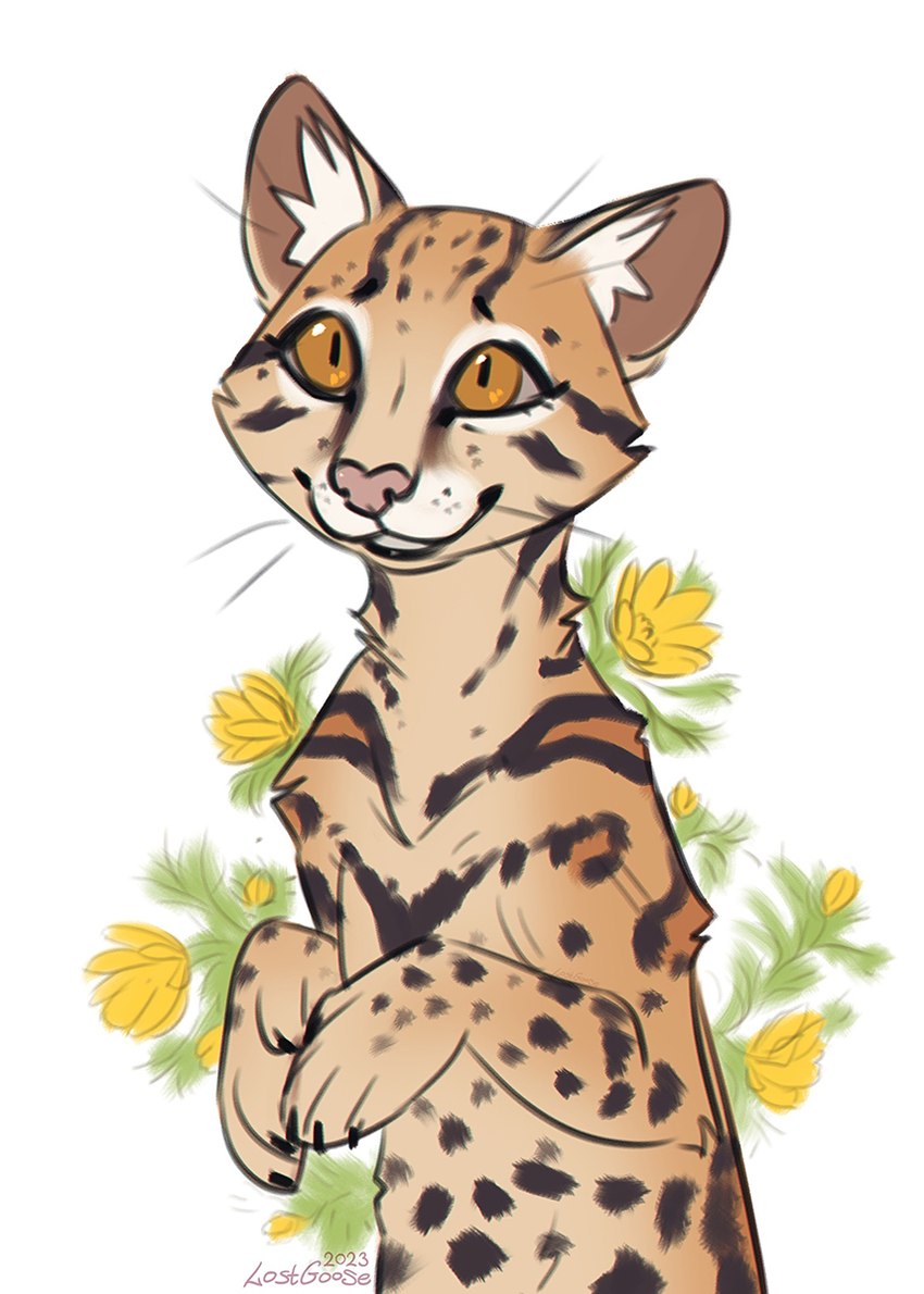 ambiguous_gender feral flower fur glistening glistening_eyes inner_ear_fluff markings orange_body orange_eyes orange_fur plant semi-anthro smile solo spots spotted_body spotted_fur tuft whiskers white_inner_ear_fluff lostgoose felid feline leopardus mammal ocelot 2023 dated hi_res signature