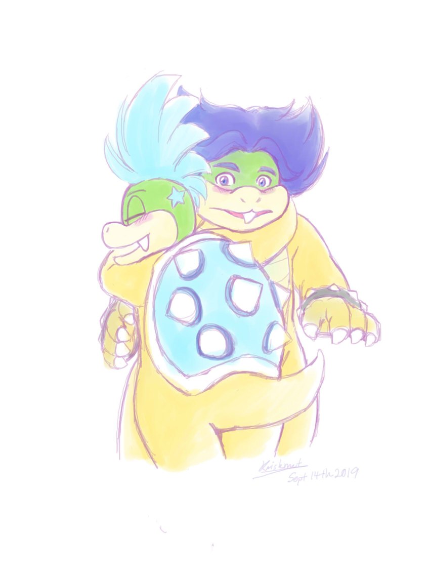 4_fingers anthro blue_eyebrows blue_eyes blue_hair blush bracelet claws duo eyebrows eyes_closed fangs finger_claws fingers hair hug jewelry male markings multicolored_body multicolored_scales scales shell simple_background smile spiked_shell spikes spikes_(anatomy) star_(marking) teeth krishmet mario_bros nintendo koopaling larry_koopa ludwig_von_koopa koopa scalie 2019 artist_name hi_res brother_(lore) brothers_(lore) sibling_(lore)