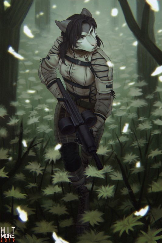 amazing_background anthro ar_platform black_body black_fur black_hair clothed clothing detailed_background drum_magazine explosives eyewear female forest fur gloves green_eyes gun hair handwear holding_gun holding_object holding_ranged_weapon holding_rifle holding_weapon long_hair military plant ranged_weapon rifle soldier solo stripes tree warrior weapon white_body white_fur xm177 hitmore konami metal_gear jasmine_miller felid mammal pantherine siberian_tiger tiger 2019 detailed hi_res